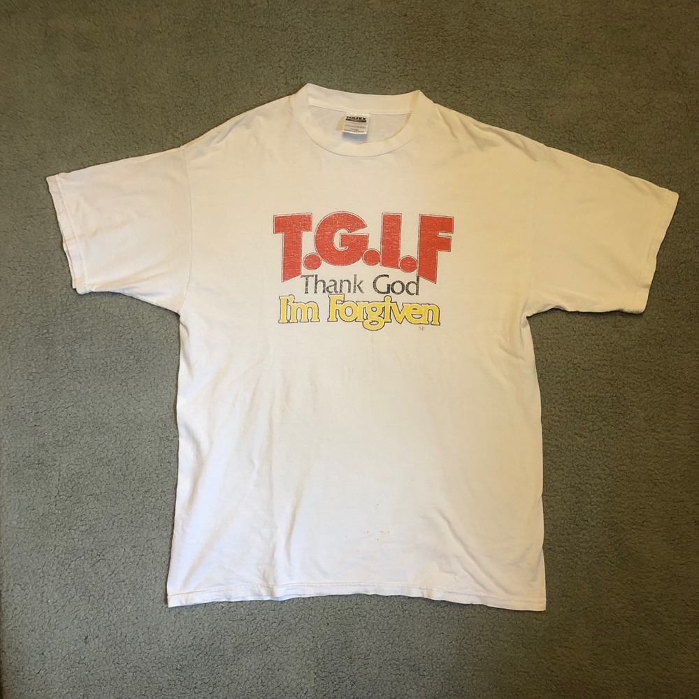 Vintage Tultex TGIF Thank‎ God Im Forgiven Christian Graphic T-Shirt White XL